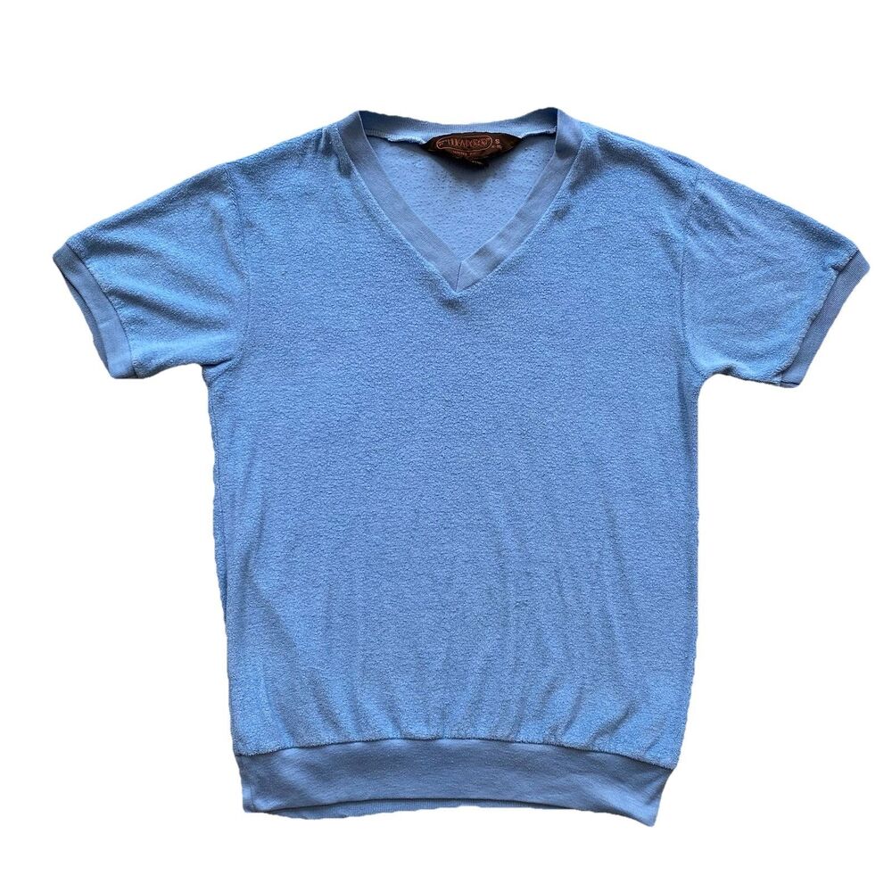 Hukapoo Velour Short Sleeve Shirt 70s Small Blue Tapered Fit Fuzzy V Neck Terry